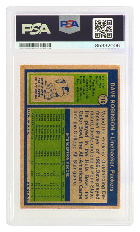 Dave Robinson Signed Green Bay Packers 1972 Topps Football Card #116 w/HOF 2013 - (PSA Encapsulated)