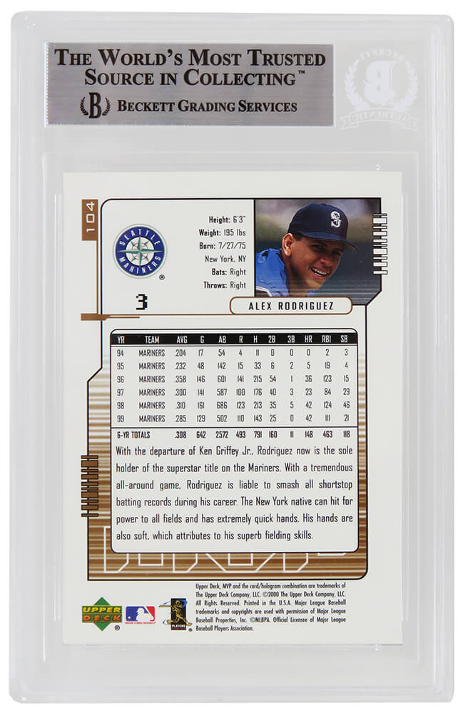 Alex Rodriguez Signed Seattle Mariners 2000 Upper Deck MVP Baseball Card #104 - (Beckett Encapsulated)