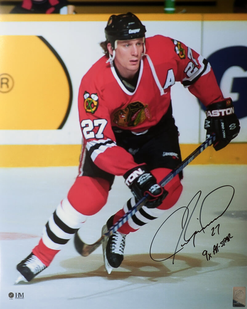 Jeremy Roenick Signed Chicago Blackhawks Red Jersey Action 16x20 Photo w/9x All Star