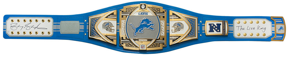 Barry Sanders Signed Detroit Lions 53x12 WWE Legacy Full Size Authentic Blue Wrestling Belt w/The Lion King