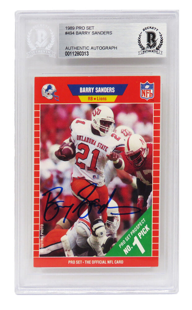 Barry Sanders Signed Oklahoma State 1989 Pro Set Football Rookie Card #494 - (Beckett Encapsulated)