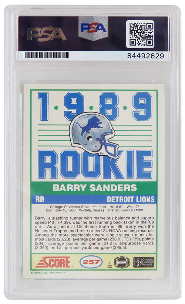 Barry Sanders Signed Detroit Lions 1989 Score Rookie Card #257 w/ROY'89 - (PSA/DNA Encapsulated - Auto Grade 10)