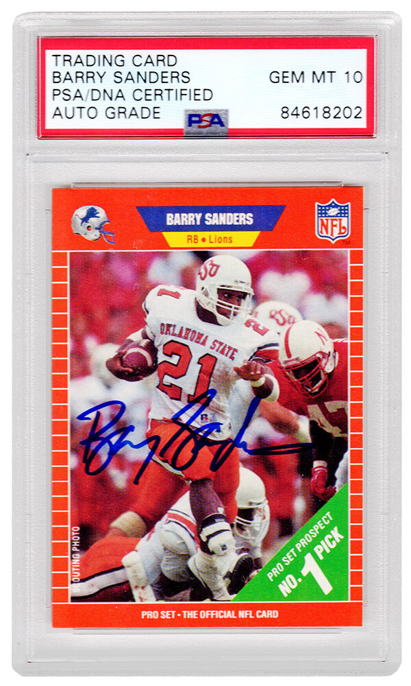 Barry Sanders Signed Oklahoma State 1989 Pro Set Football Rookie Card #494 - (PSA/DNA / Auto Grade 10)