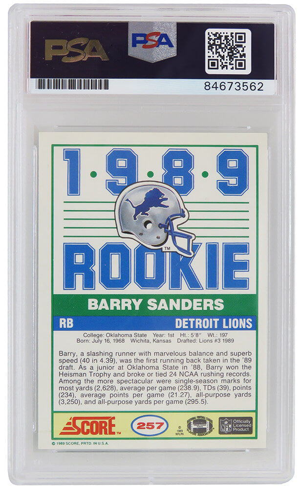 Barry Sanders Signed Detroit Lions 1989 Score Rookie Football Trading Card #257 (PSA Encapsulated)