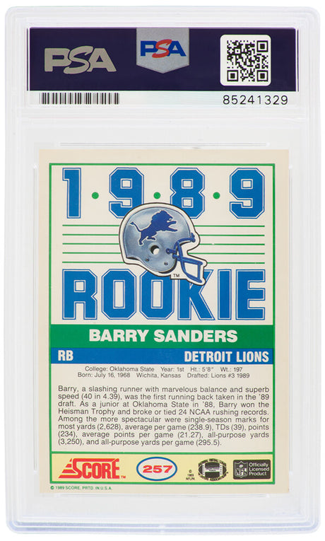 Barry Sanders Signed Detroit Lions 1989 Score Rookie Card #257 w/ROY'89 - (PSA Encapsulated)