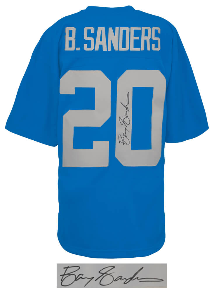 Barry Sanders Signed Detroit Lions Blue With Grey Numbers 1994 Throwback M&N NFL Football Jersey