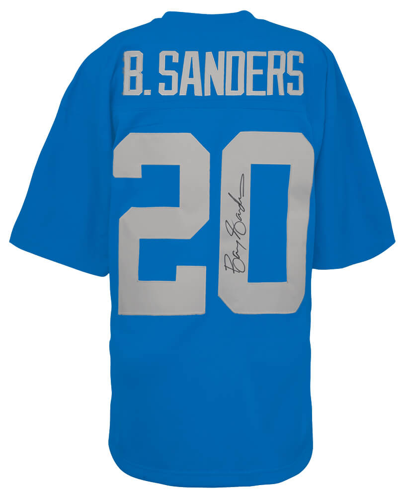 Barry Sanders Signed Detroit Lions Blue With Grey Numbers 1994 Throwback M&N NFL Football Jersey