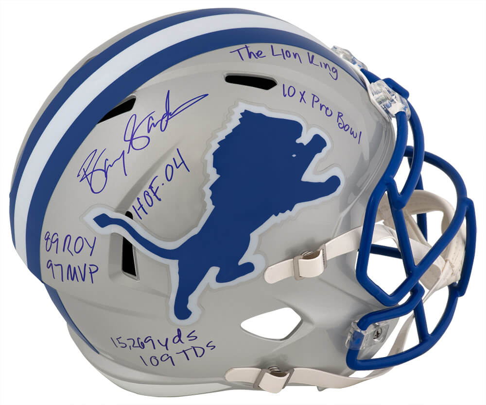 Barry Sanders Signed Detroit Lions T/B Riddell Full Size Speed Replica Helmet w/7-INSCRIPTIONS