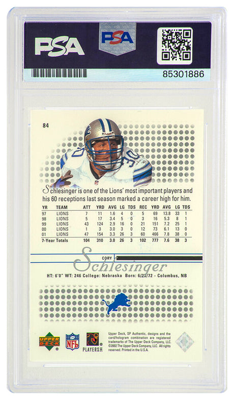 Cory Schlesinger Signed Detroit Lions 2002 SP Authentic Football Trading Card #84 - (PSA Encapsulated)