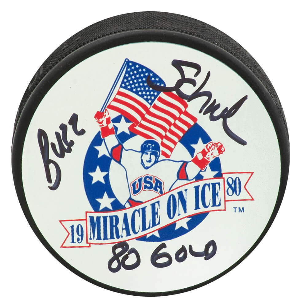 Buzz Schneider Signed 1980 Miracle On Ice Logo Hockey Puck w/80 Gold