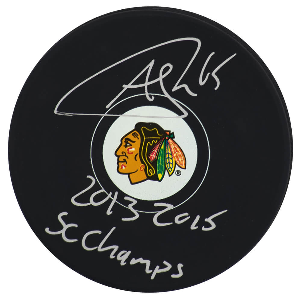 Andrew Shaw Signed Chicago Blackhawks Logo Hockey Puck w/2013, 2015 SC Champs