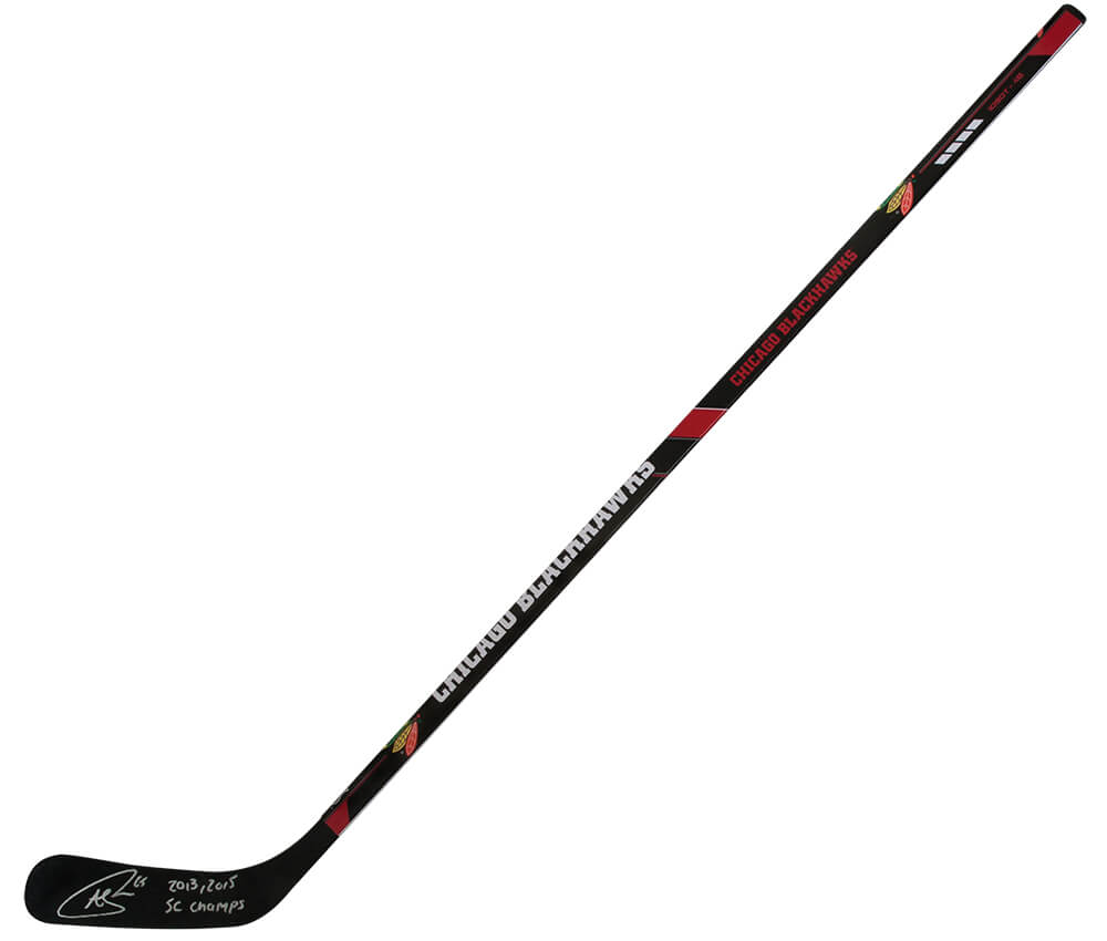 Andrew Shaw Signed Chicago Blackhawks Logo 48-Inch Hockey Stick w/2013, 2015 SC Champs