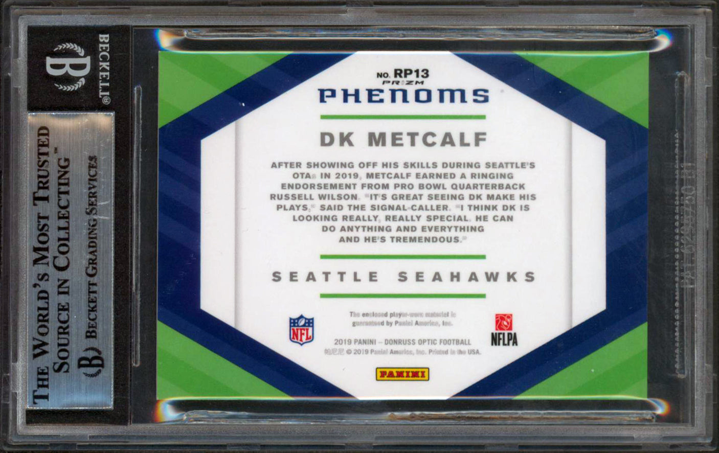 Seahawks DK Metcalf Signed 2019 Donruss Optic Rookie Phenoms #13 RC BAS Slabbed