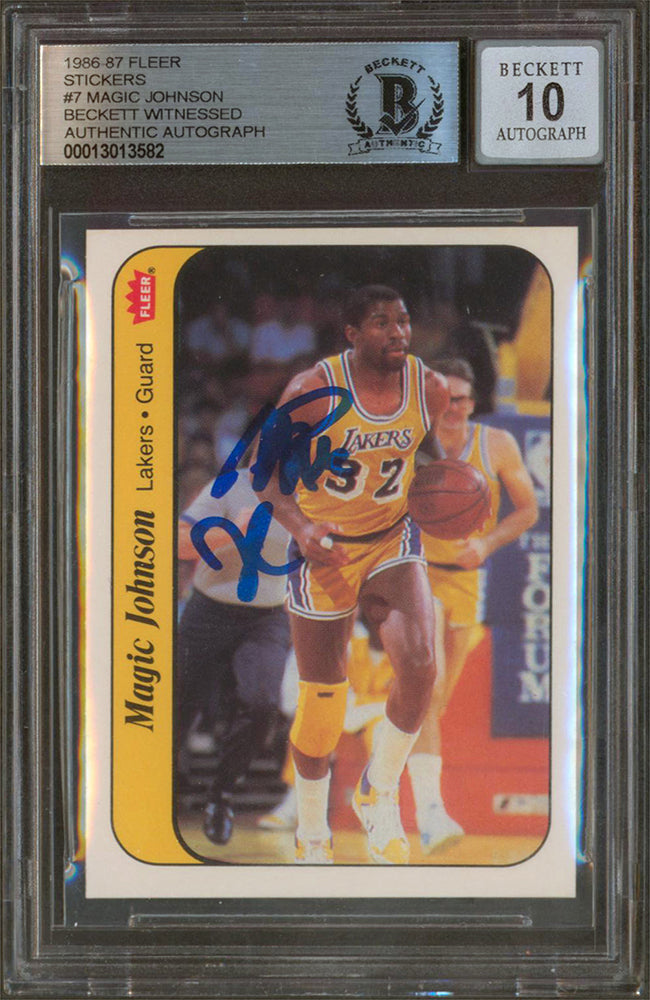 Lakers Magic Johnson Signed 1986 Fleer Stickers #7 Auto 10! BAS Slabbed