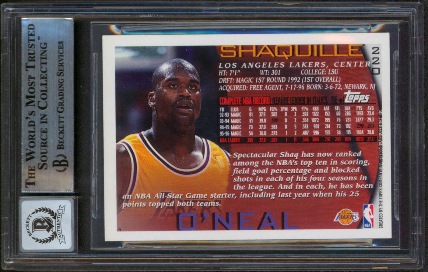 Shaquille O'Neal Signed 1996 Topps NBA at 50 Foil #220 Card Auto 10! BAS Slab