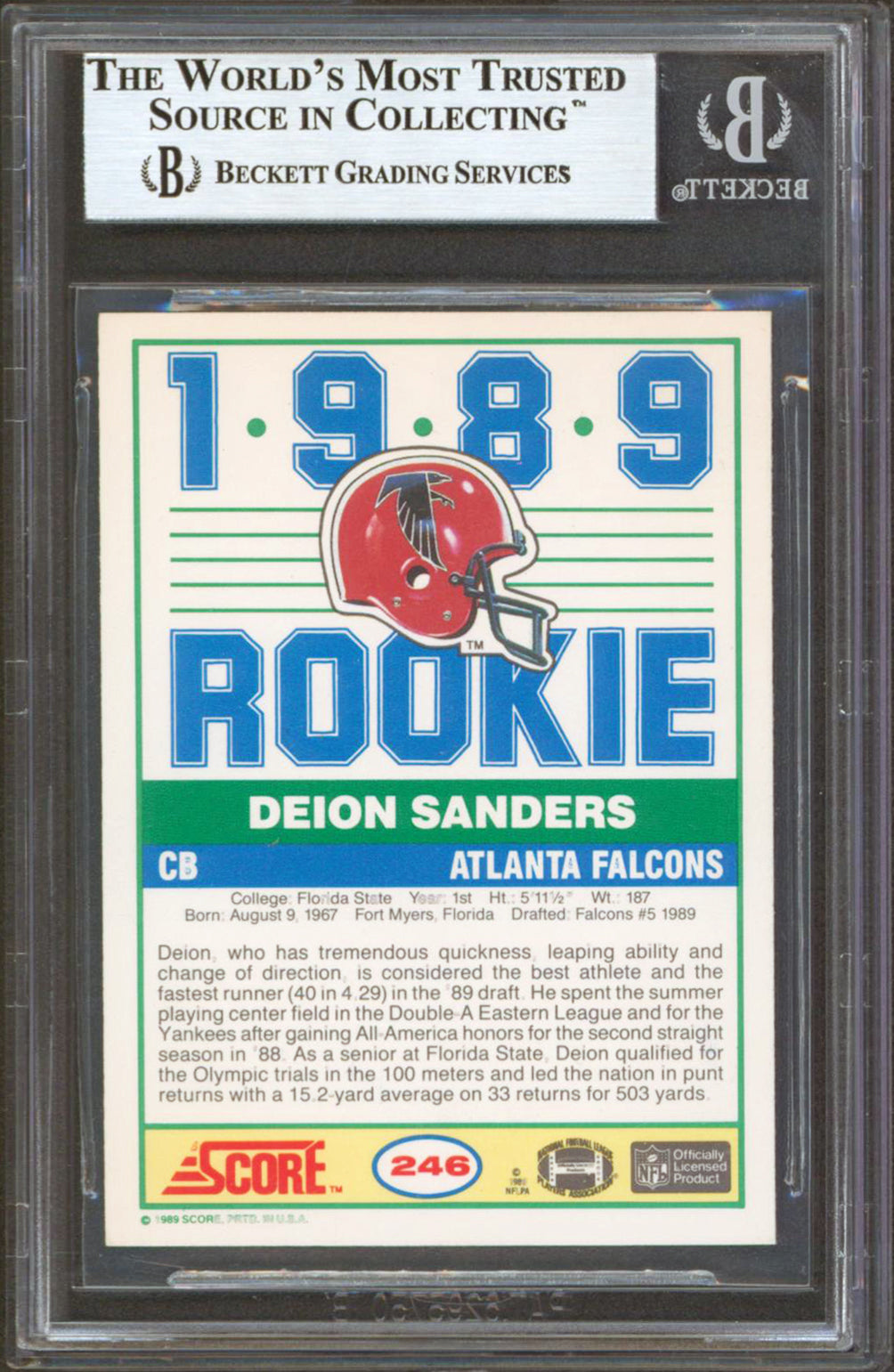 Falcons Deion Sanders Authentic Signed 1989 Score #246 Rookie Card BAS Slabbed