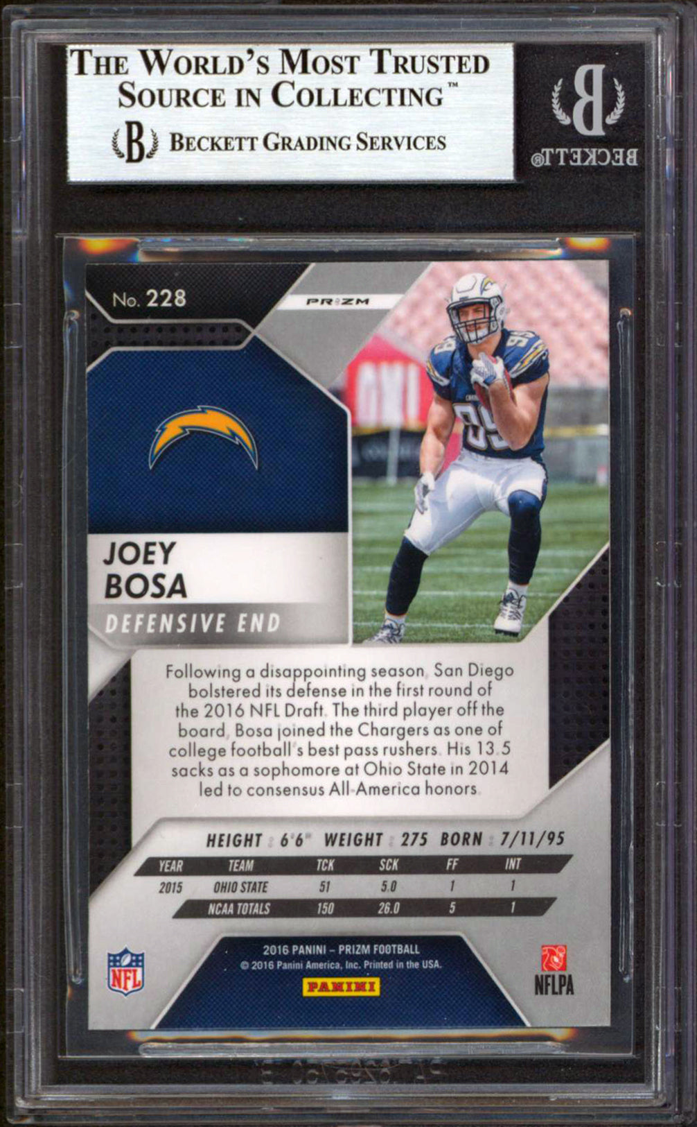 Chargers Joey Bosa Authentic Signed 2016 Panini Prizm #228 RC Card BAS Slabbed 2