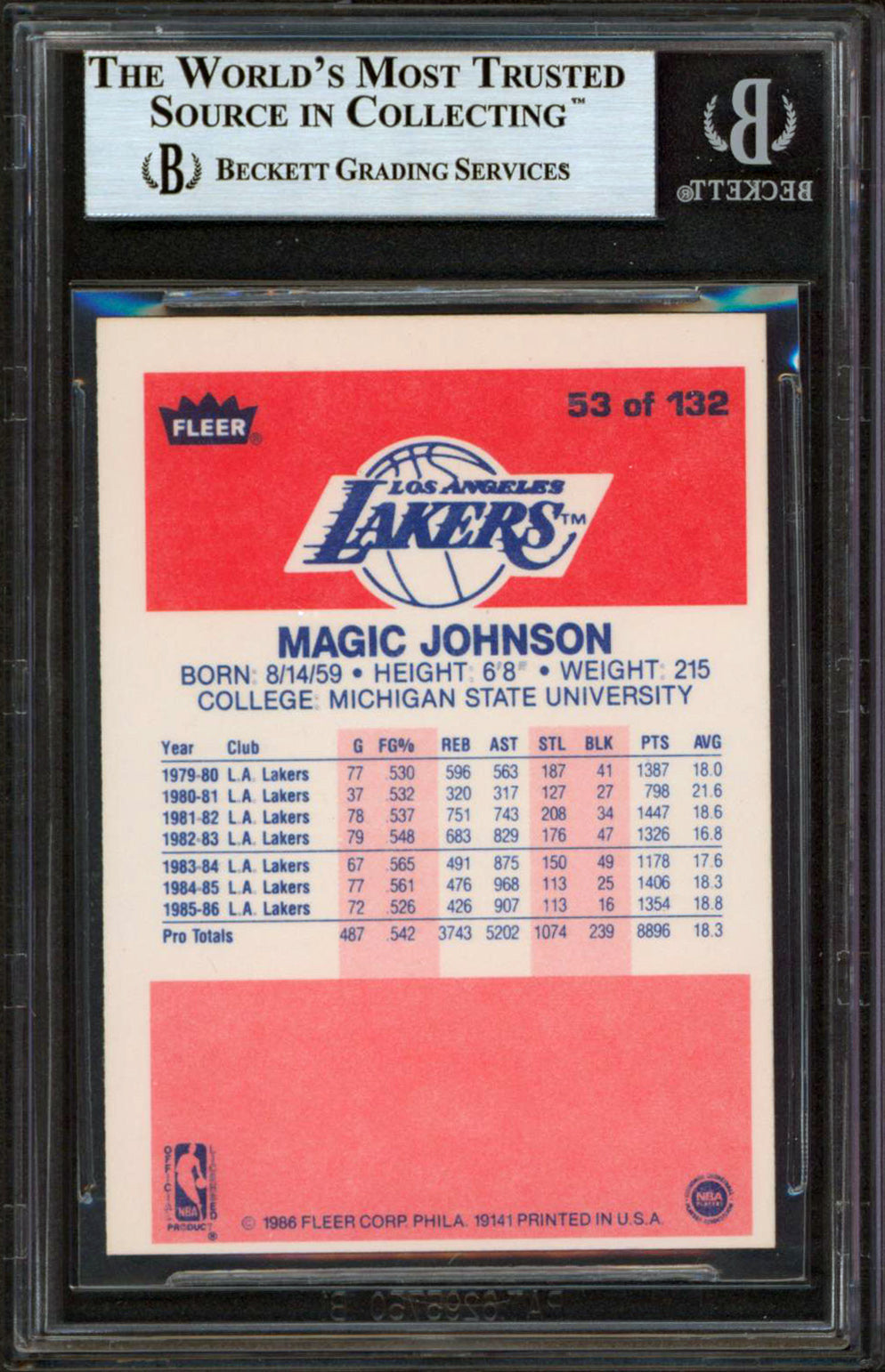 Lakers Magic Johnson Authentic Signed 1986 Fleer #53 Card BAS Slabbed