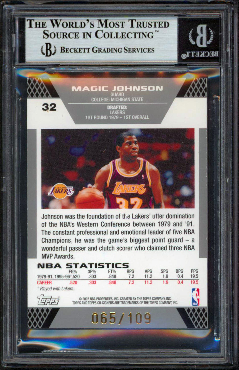 Magic Johnson & Byron Scott Signed 2007 Topps Co-Sign Gold Red #32 Card BAS Slab