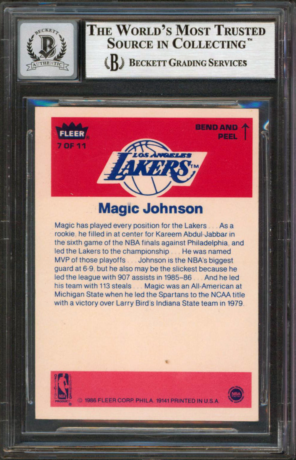 Lakers Magic Johnson Signed 1986 Fleer Stickers #7 Card Auto 10! BAS Slabbed