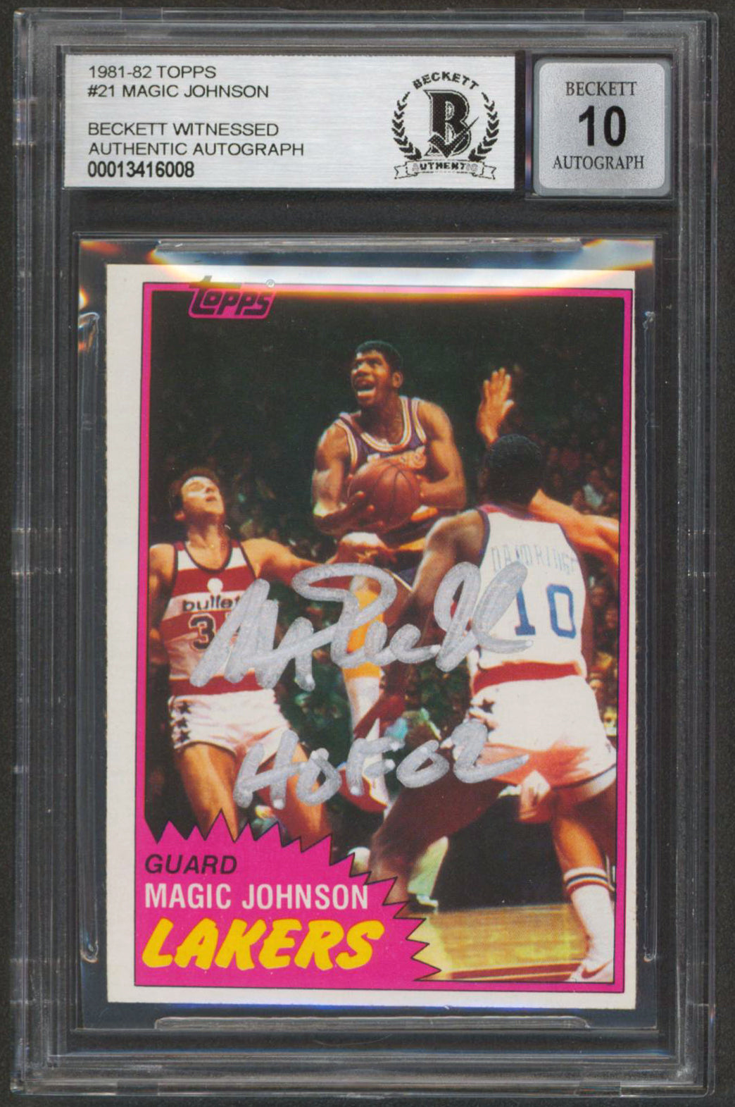 Lakers Magic Johnson "HOF 02" Signed 1981 Topps #21 Card Auto 10! BAS Slabbed 4