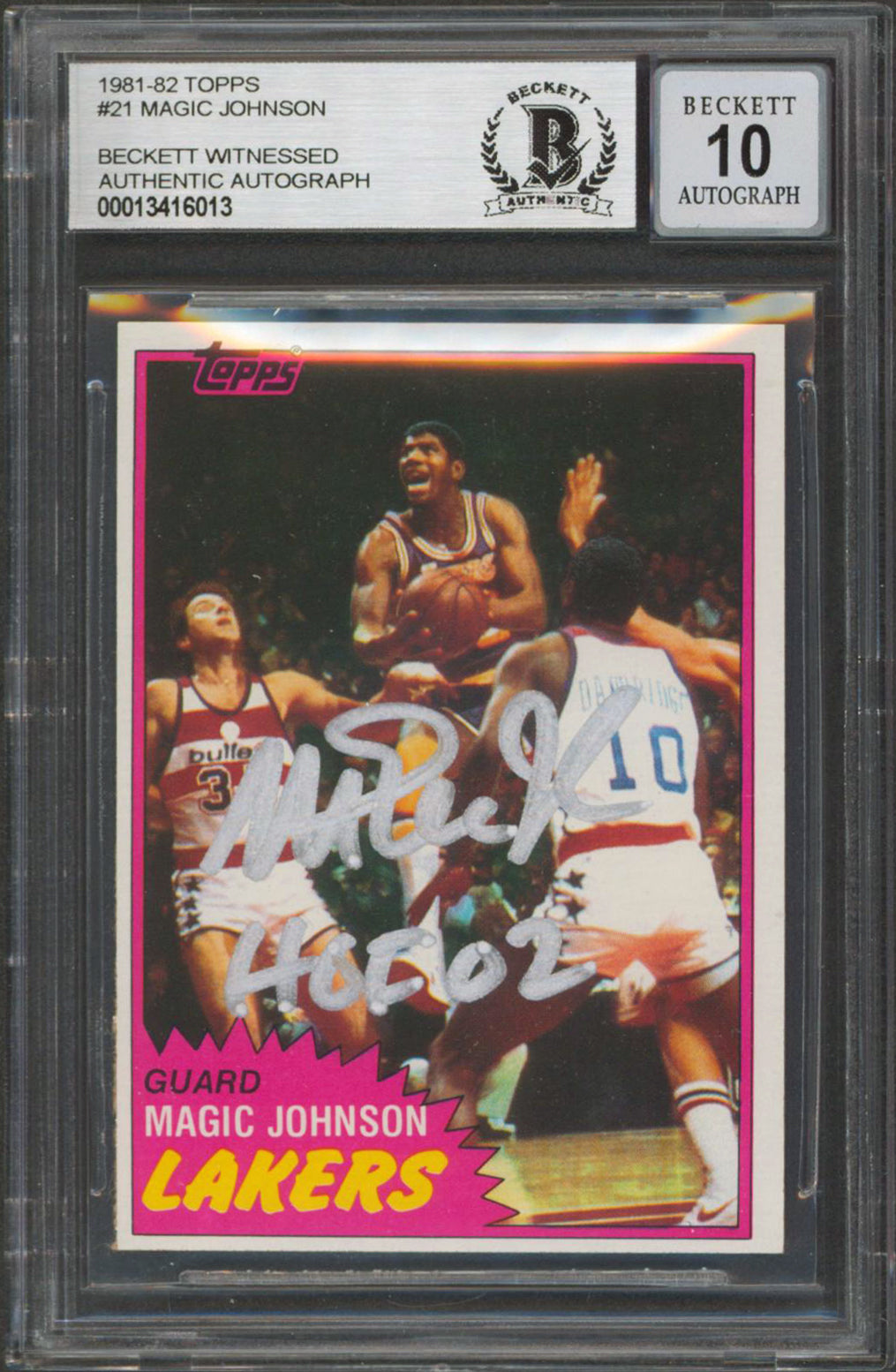 Lakers Magic Johnson "HOF 02" Signed 1981 Topps #21 Card Auto 10! BAS Slabbed 6