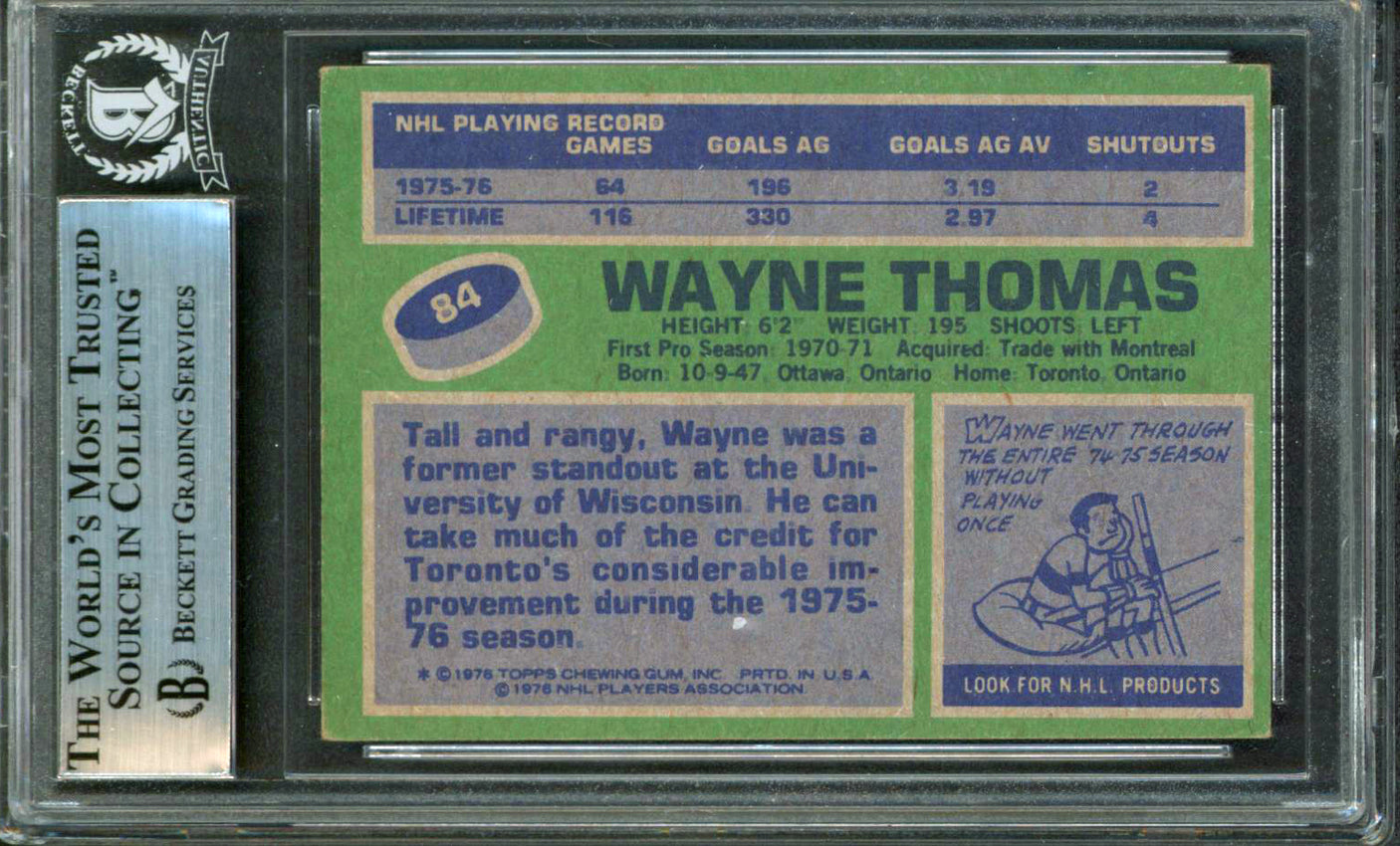 Maple Leafs Wayne Thomas Authentic Signed 1976 Topps #84 Card BAS Slabbed