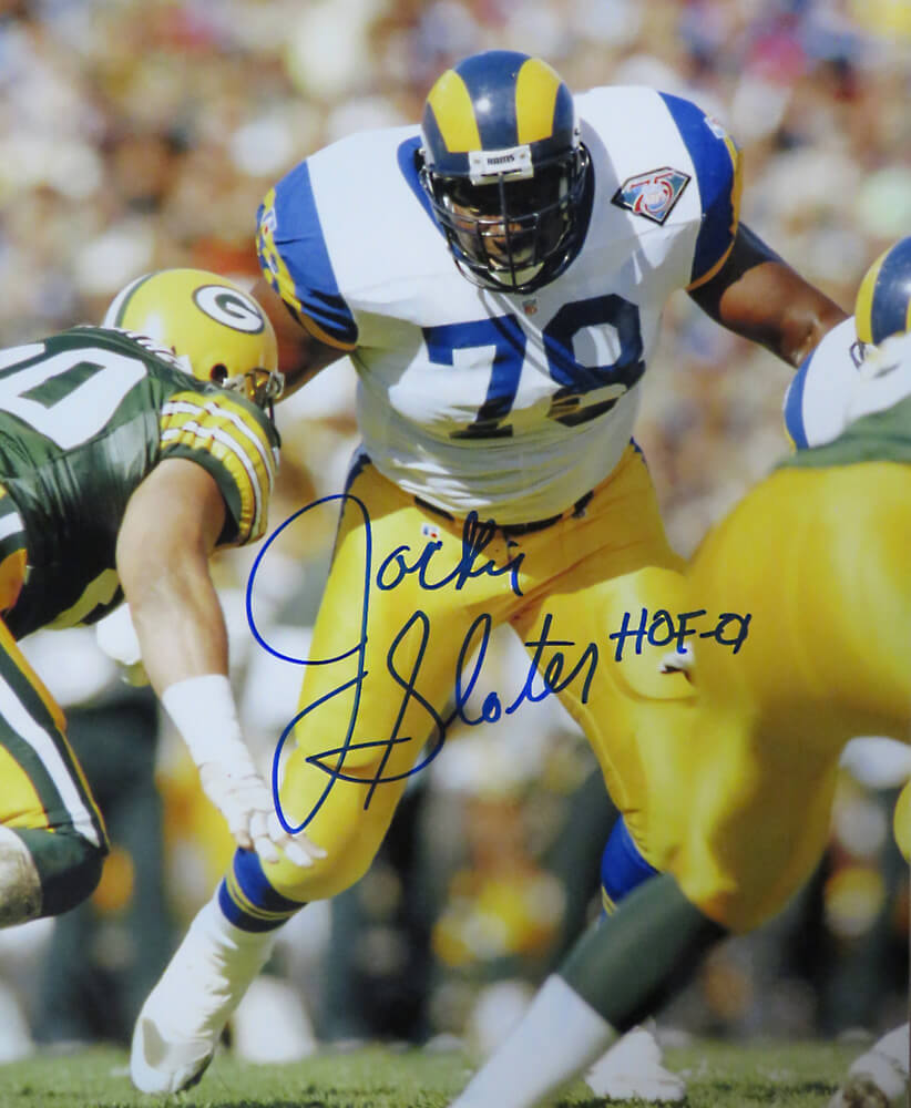 Jackie Slater Signed Rams Action vs Packers 8x10 Photo w/HOF'01