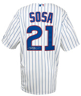 Sammy Sosa Signed Chicago Cubs White Pinstripe Majestic Replica Baseball Jersey