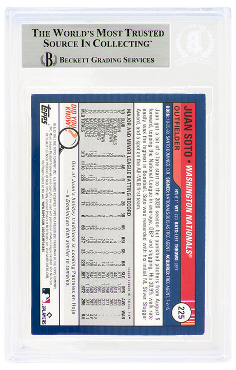 Juan Soto Signed Washington Nationals 2021 Topps Big League Baseball Trading Card #225 - (Beckett Encapsulated)