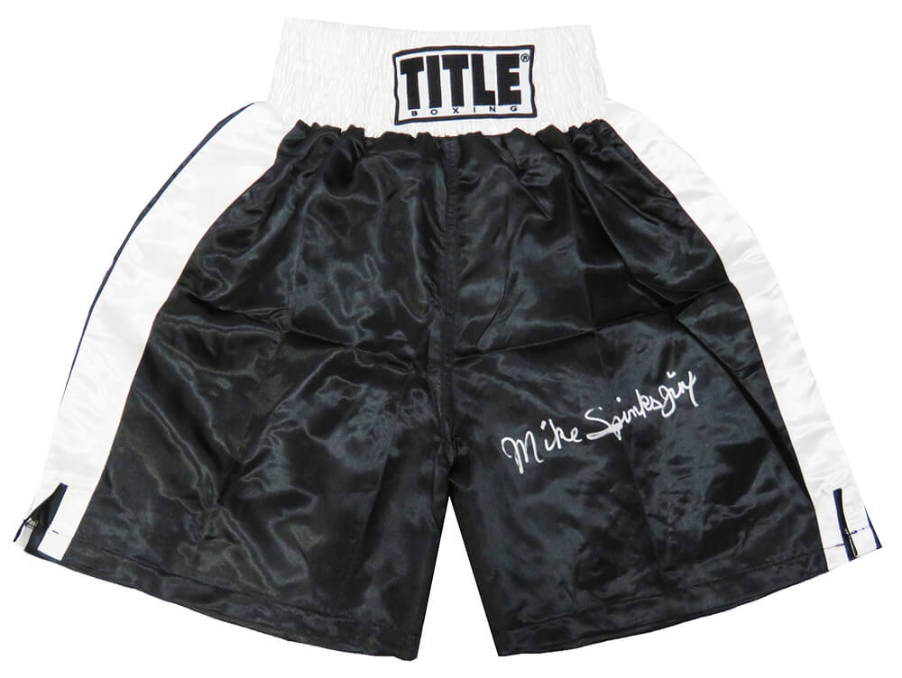 Michael (Mike) Spinks Signed Title Black With White Trim Boxing Trunks w/Jinx