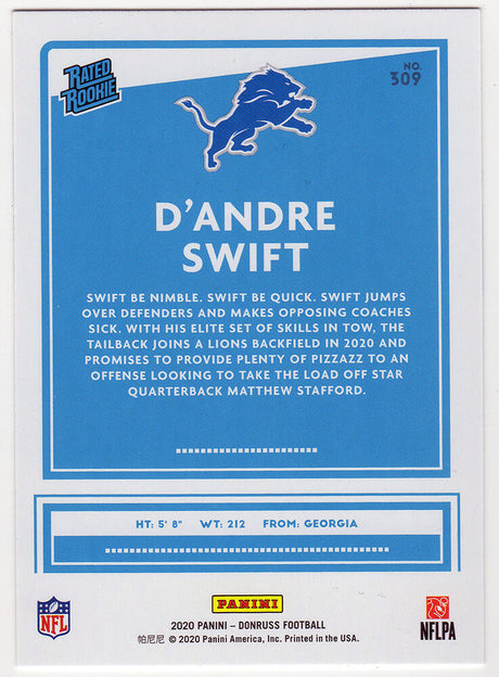 D'Andre Swift Signed Detroit Lions 2020 Donruss Rated Rookie Football Card #309