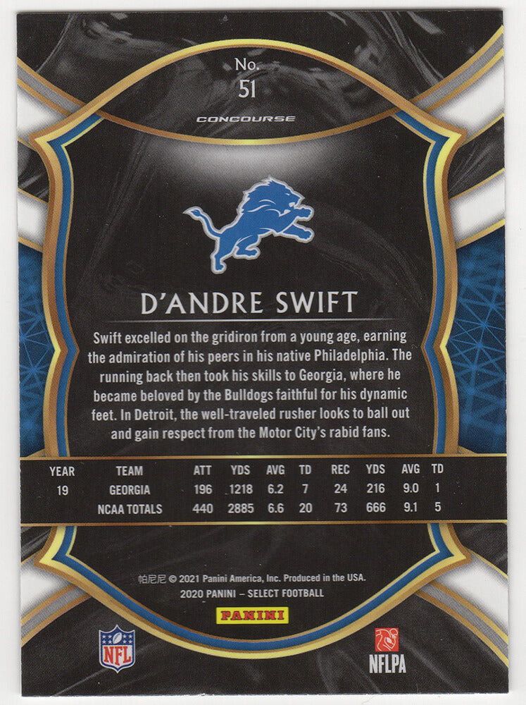 D'Andre Swift Signed Detroit Lions 2020 Panini Select Rookie Football Card #51