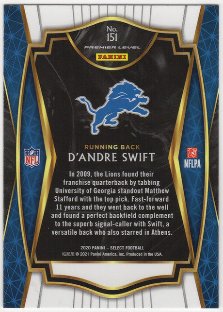 D'Andre Swift Signed Detroit Lions 2020 Panini Select Rookie Football Card #151