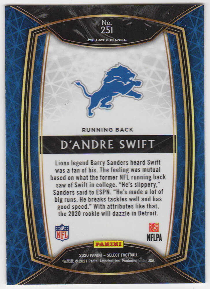 D'Andre Swift Signed Detroit Lions 2020 Panini Select Rookie Football Card #251