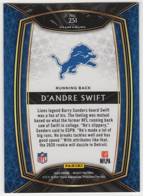 D'Andre Swift Signed Detroit Lions 2020 Panini Select Rookie Football Card #251