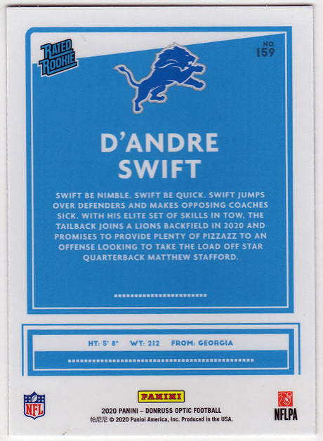 D'Andre Swift Signed Detroit Lions 2020 Donruss Optic Rated Rookie Football Card #159