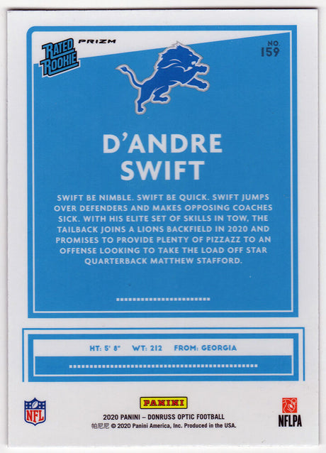 D'Andre Swift Signed Detroit Lions 2020 Donruss Optic Prizm Rated Rookie Football Card #159