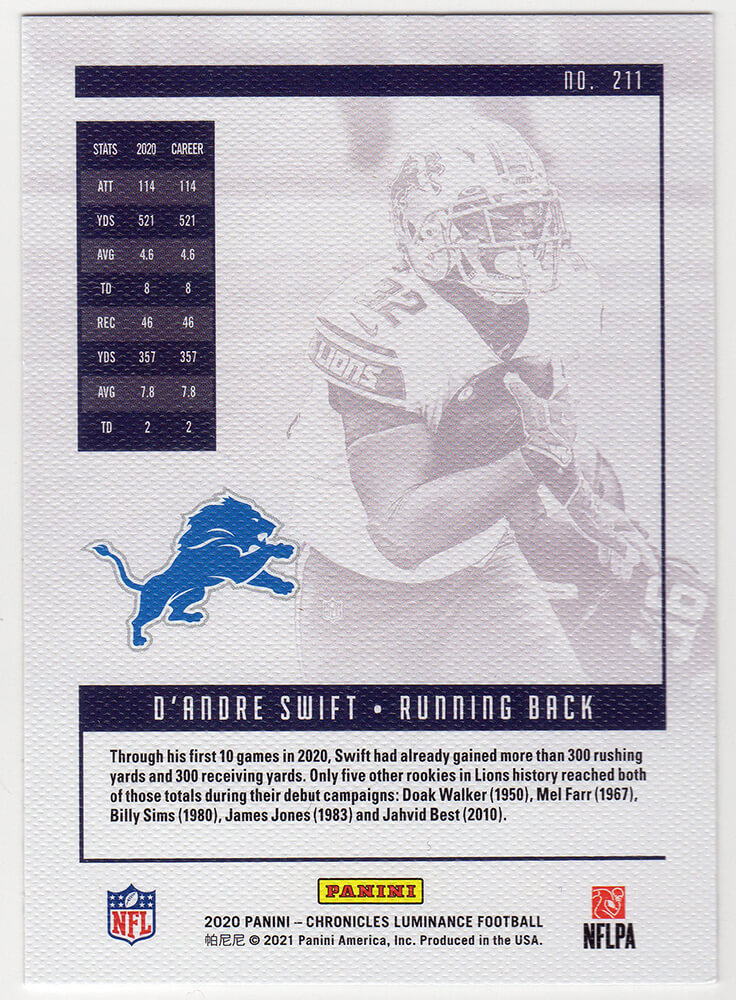 D'Andre Swift Signed Detroit Lions 2020 Panini Luminance Rookie Football Card #211