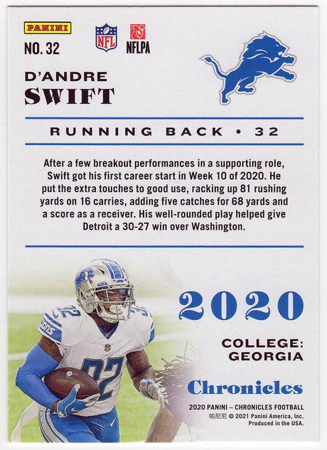 D'Andre Swift Signed Detroit Lions 2020 Panini Chronicles Rookie Football Card #32