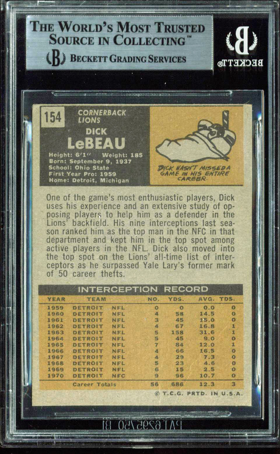 Lions Dick LeBeau Authentic Signed 1971 Topps #154 Auto Card BAS Slabbed