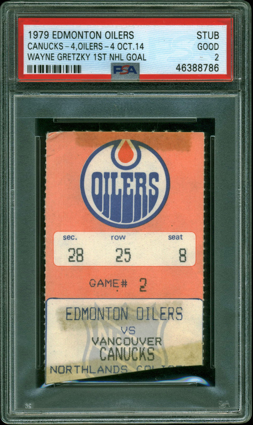 Oilers Wayne Gretzky 10/14/79 1st NHL Goal Ticket Stub Graded PSA 2 PSA Slabbed