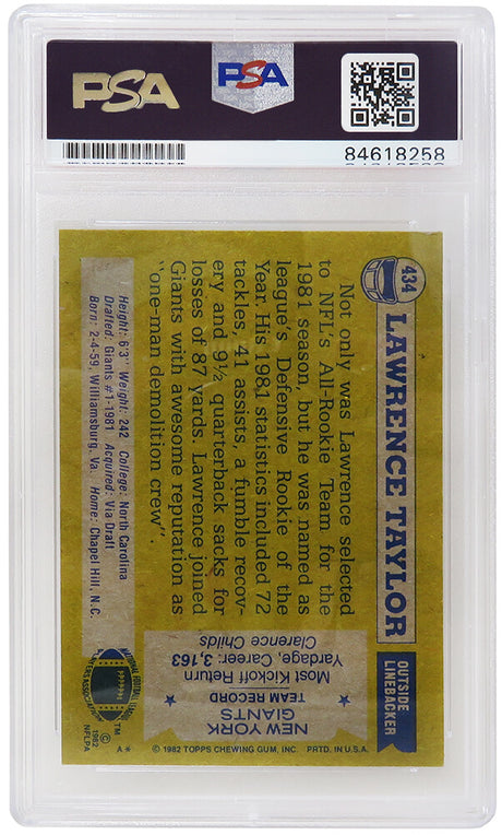 Lawrence Taylor Signed New York Giants 1982 Topps Football Rookie Card #434 (PSA Encapsulated - Auto Grade 10)