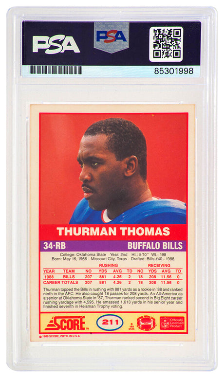 Thurman Thomas Signed Bills 1989 Score Rookie Football Card #211 - (PSA Encapsulated)