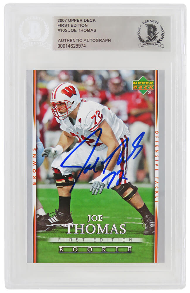 Joe Thomas Signed 2007 Upper Deck First Edition Rookie Football Card #105 - (Beckett Encapsulated)