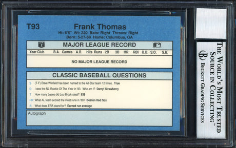 Frank Thomas Autographed 1990 Classic Series III Rookie Card #T93 Chicago White Sox Auto Grade 10 Beckett BAS Stock #185189