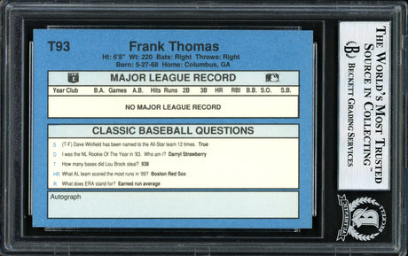 Frank Thomas Autographed 1990 Classic Series III Rookie Card #T93 Chicago White Sox Beckett BAS Stock #185214