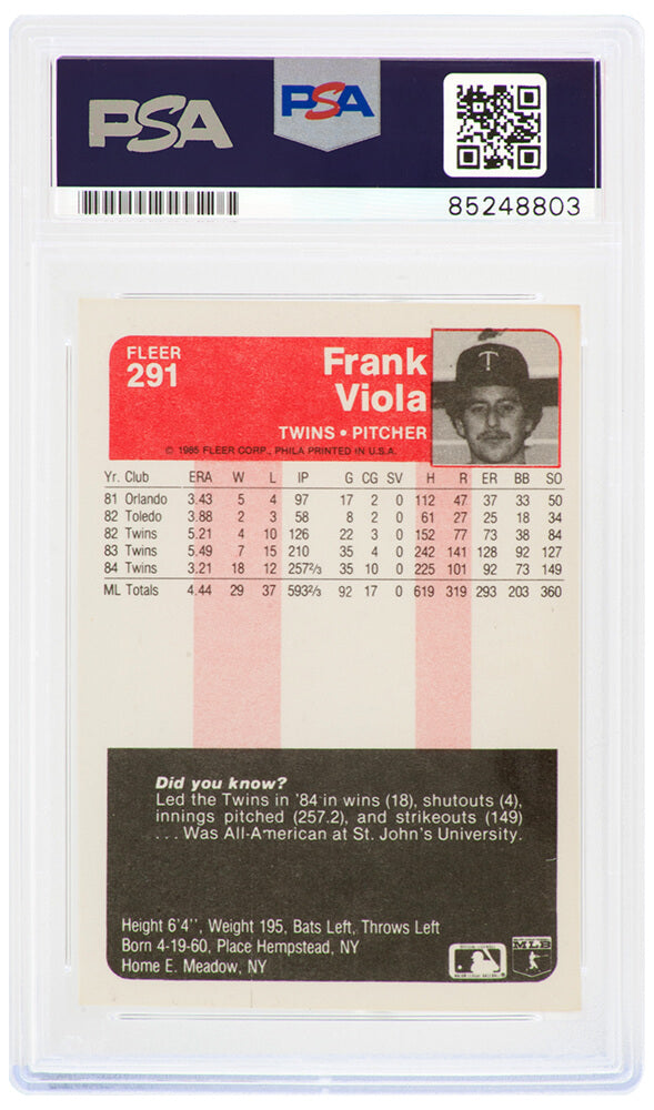 Frank Viola Signed Minnesota Twins 1985 Fleer Baseball Trading Card #291 - (PSA Encapsulated)