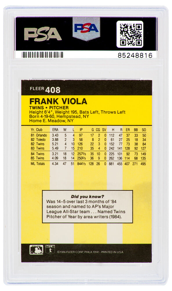 Frank Viola Signed Minnesota Twins 1986 Fleer Baseball Trading Card #408 - (PSA Encapsulated)