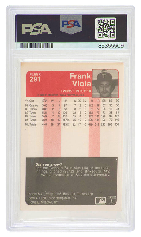 Frank Viola Signed Twins 1985 Fleer Baseball Trading Card #291 - (PSA Encapsulated)